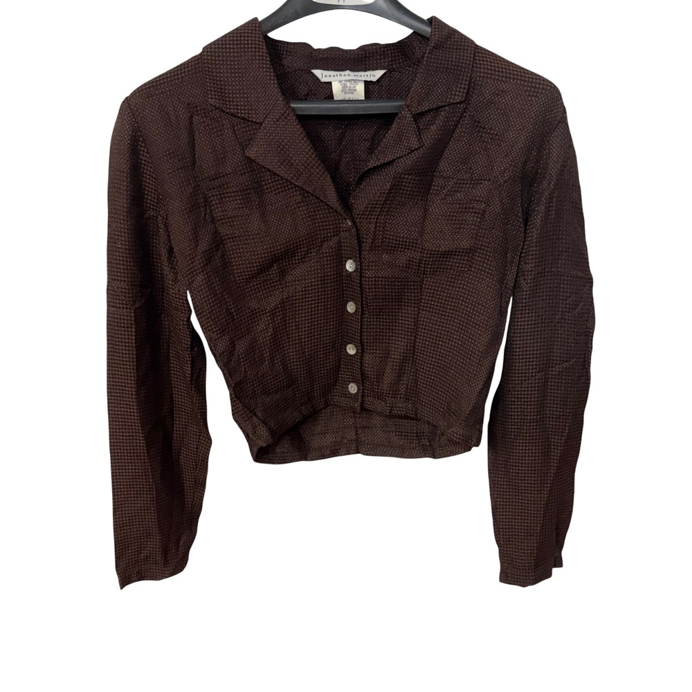 90s Jonathan Martin Brown Cropped Button Up Blouse Indie‎ Sleeze Womens M USA